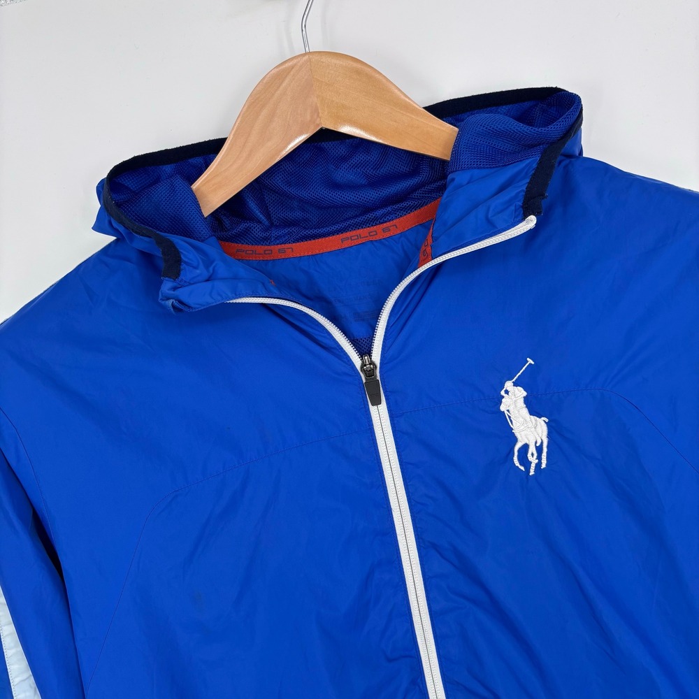 Polo Ralph Lauren Performance Big Pony Windbreaker Hoodie Jacket Men M Blue FLAW